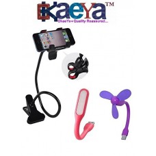 OkaeYa Flexible Mobile Holder With Snake Style Stand With Flexible Usb Lamp Light And Usb Portable Fan 